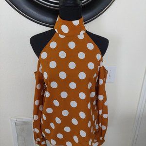 Women's Blouse~ Long Sleeve, Cold Shoulder Rust with White Polka Dot. Sz L. Pre